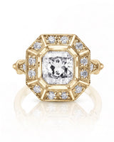 Clara 0.50 carat F-colour Asscher natural diamond vintage halo ring in 18K yellow gold, front view of segmented halo and milgrain | SARATTI
