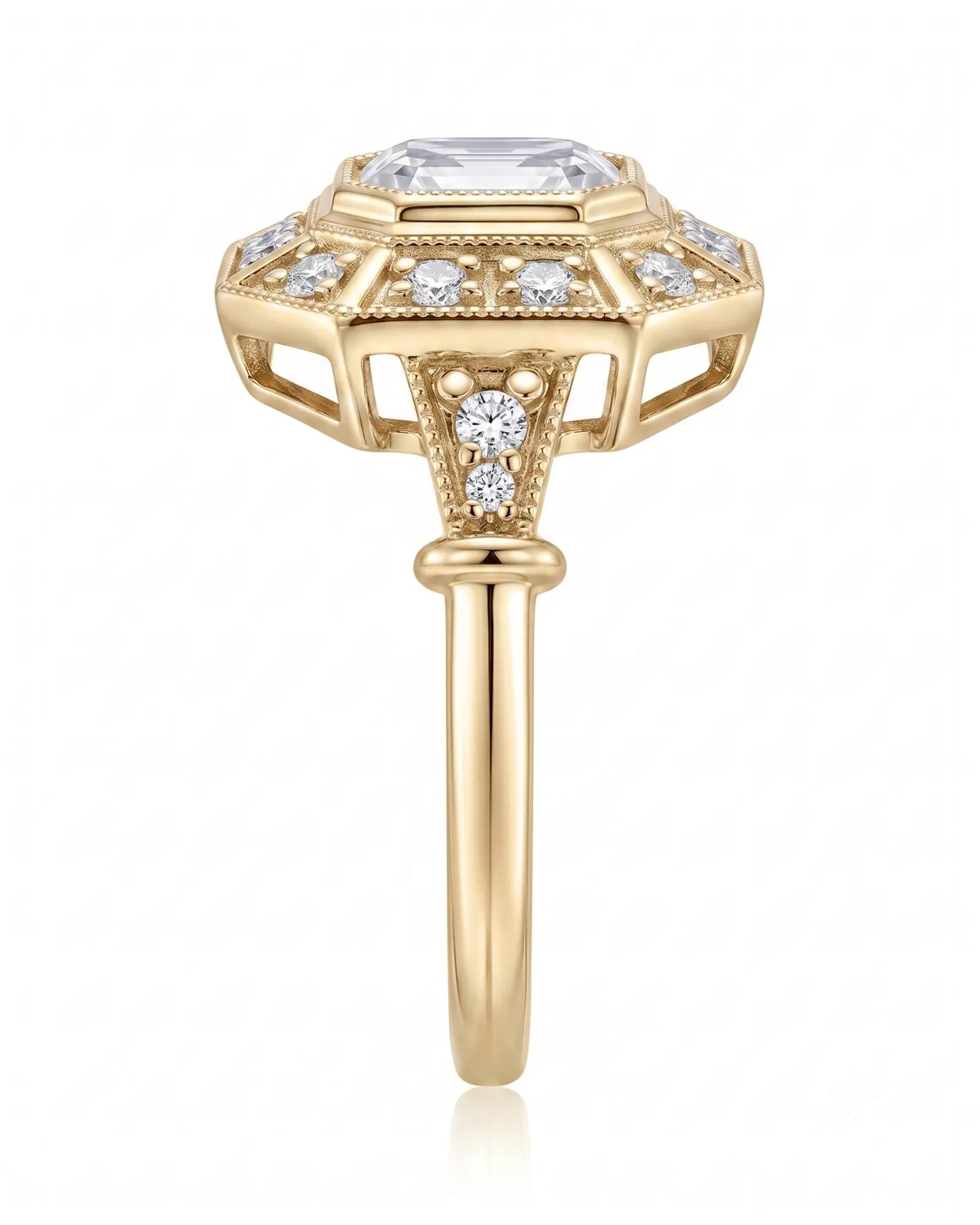 Clara 0.50 carat F-colour Asscher natural diamond vintage halo ring in 18K yellow gold, side profile showing open gallery | SARATTI