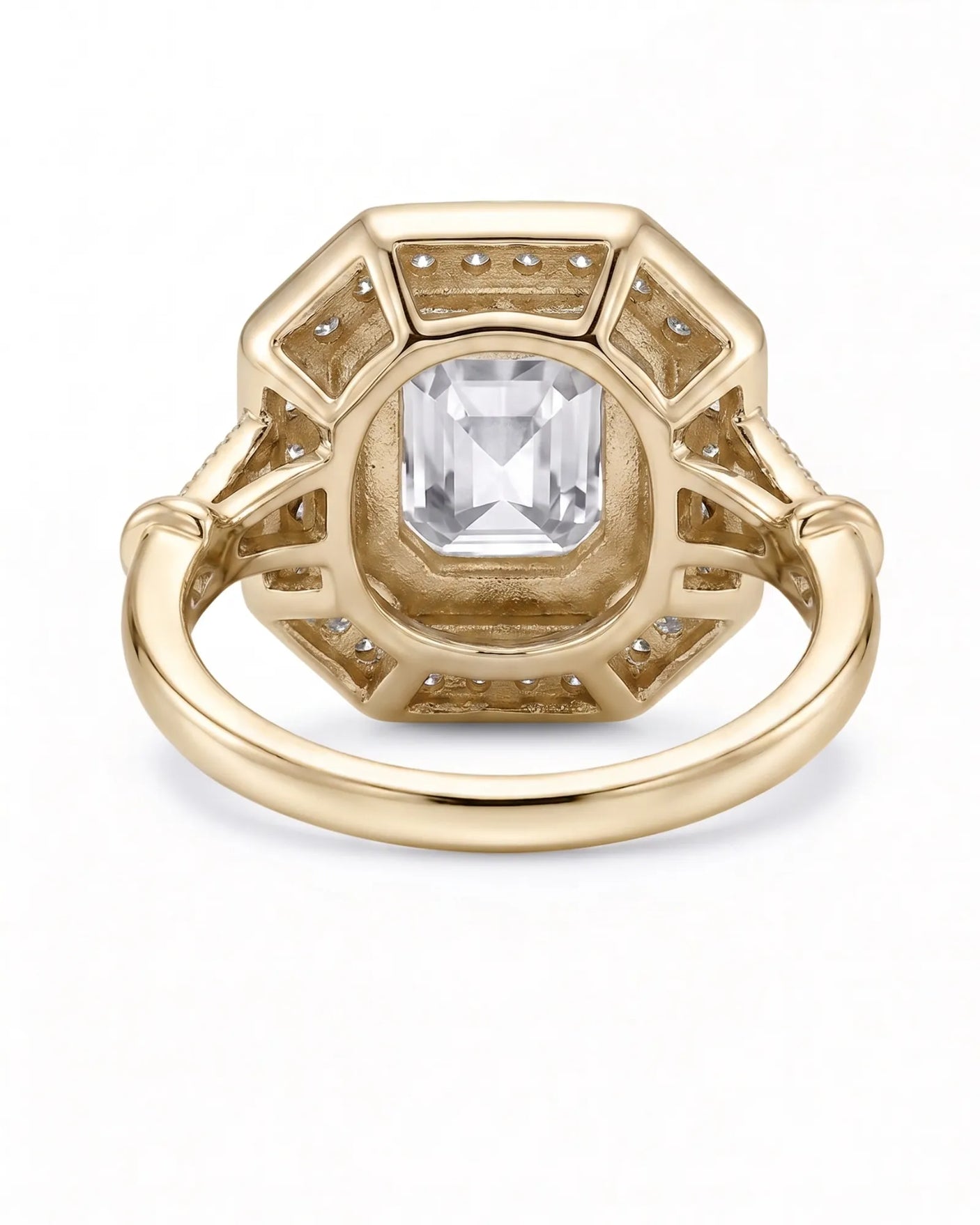 Clara 0.50 carat F-colour Asscher natural diamond vintage halo ring in 18K yellow gold, underside view of octagonal halo setting | SARATTI