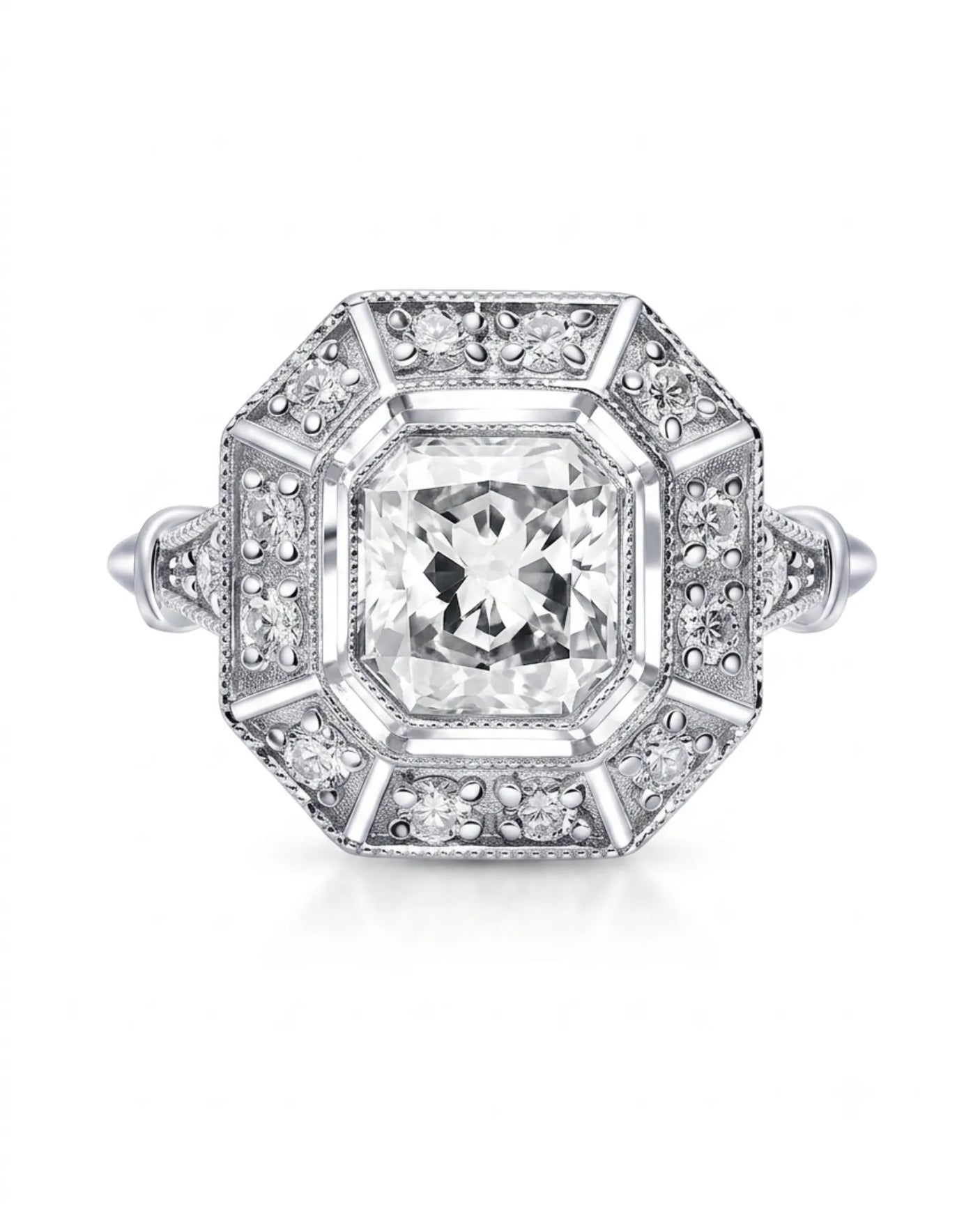 Clara 0.50 carat F-colour Asscher natural diamond vintage halo ring in platinum, front view of segmented halo and milgrain | SARATTI