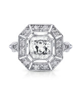 Clara 0.50 carat F-colour Asscher natural diamond vintage halo ring in platinum, front view of segmented halo and milgrain | SARATTI