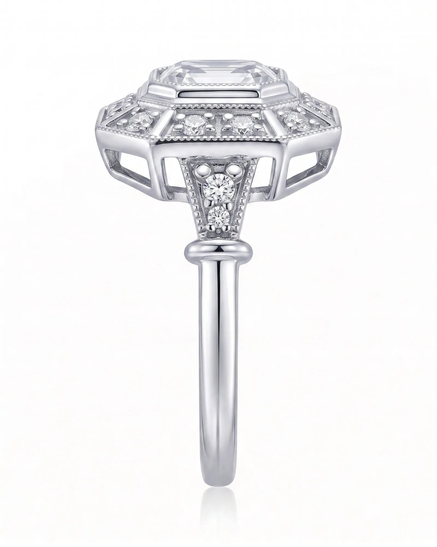 Clara 0.50 carat F-colour Asscher natural diamond vintage halo ring in platinum, side profile showing open gallery | SARATTI