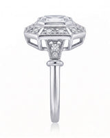 Clara 0.50 carat F-colour Asscher natural diamond vintage halo ring in platinum, side profile showing open gallery | SARATTI