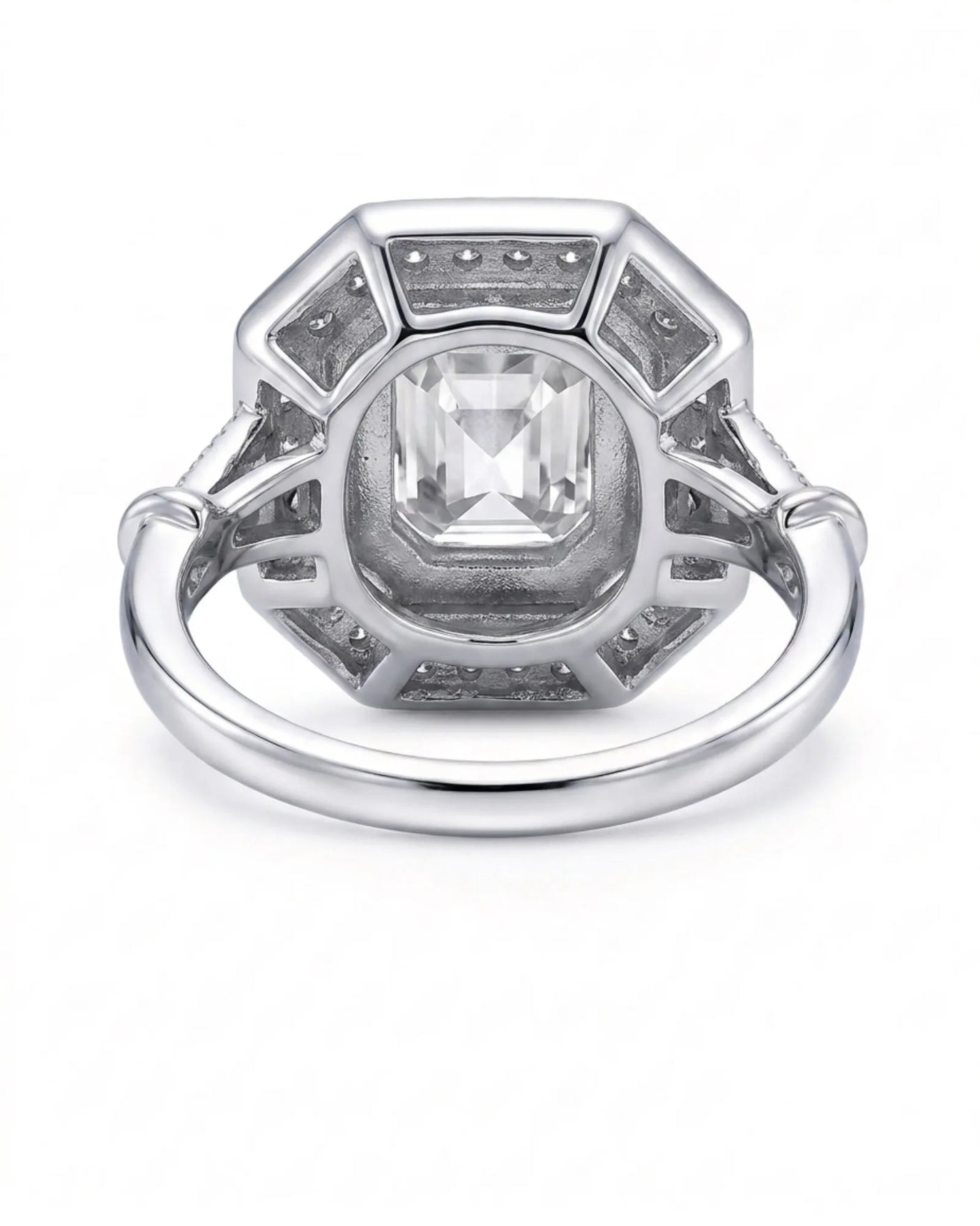 Clara 0.50 carat F-colour Asscher natural diamond vintage halo ring in platinum, underside view of octagonal halo setting | SARATTI