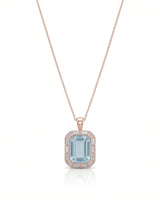 CLARIELLE emerald-cut Aquamarine diamond-frame pendant necklace in Rose Gold, front view | SARATTI