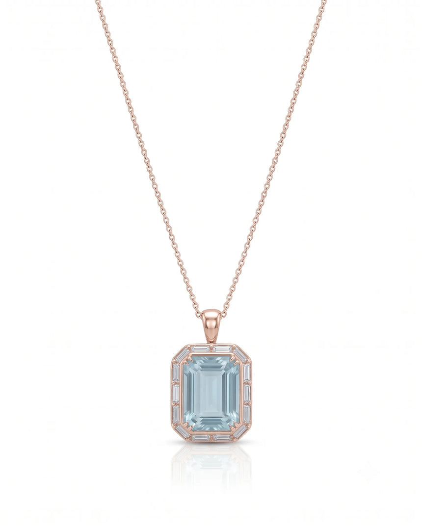 CLARIELLE emerald-cut Aquamarine diamond-frame pendant necklace in Rose Gold, front view | SARATTI
