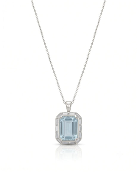 CLARIELLE emerald-cut Aquamarine diamond-frame pendant necklace in White Gold, front view | SARATTI
