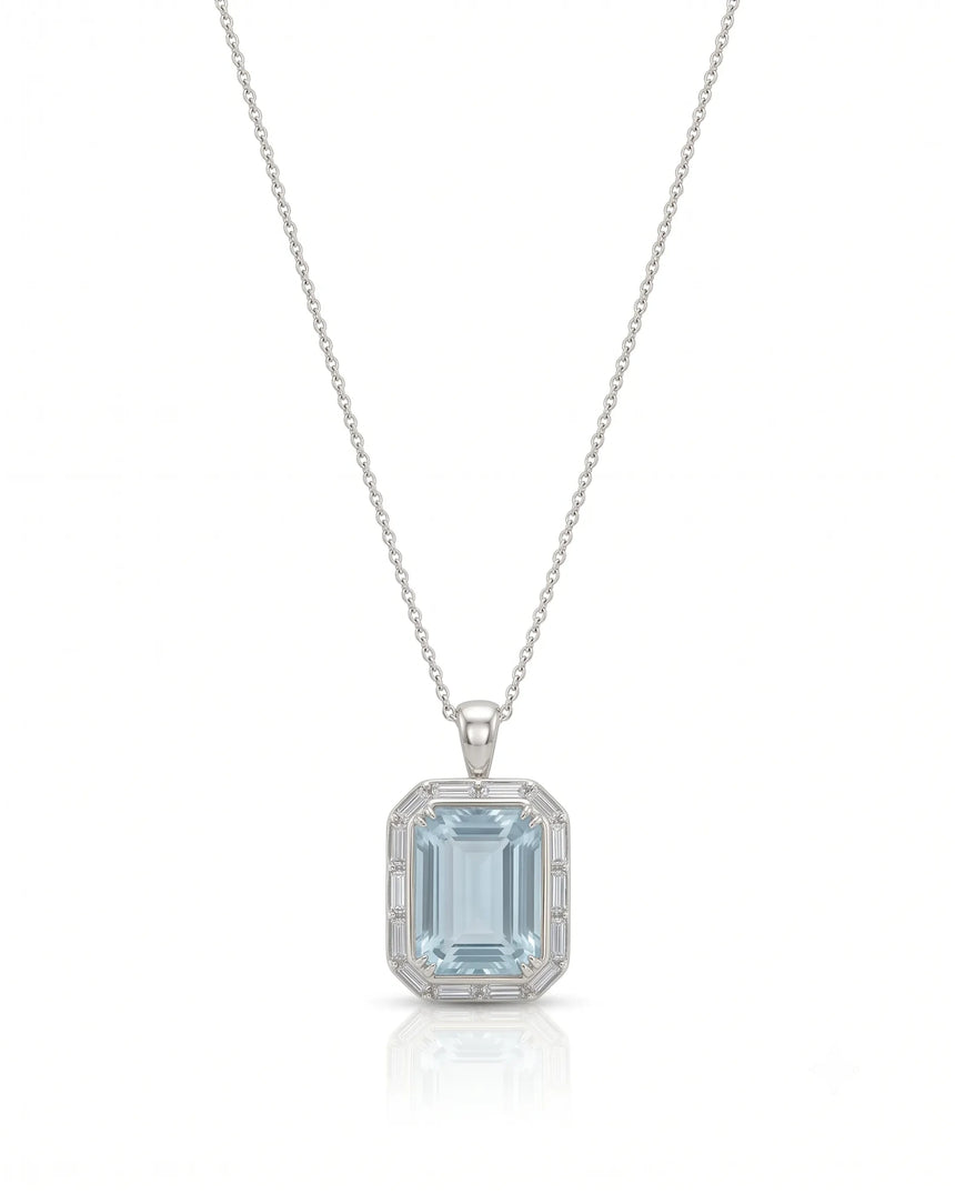 CLARIELLE emerald-cut Aquamarine diamond-frame pendant necklace in White Gold, front view | SARATTI