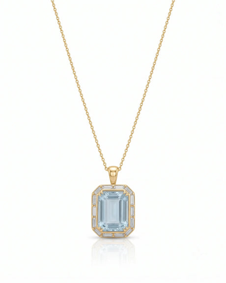 CLARIELLE emerald-cut Aquamarine diamond-frame pendant necklace in Yellow Gold, front view | SARATTI