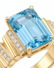 Clarté Frame emerald-cut Aquamarine pavé cocktail ring setting in Yellow Gold, side view | SARATTI