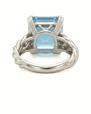 Cordelle Asscher-cut Aquamarine sculptural rope-band solitaire ring setting in Platinum, front view | SARATTI