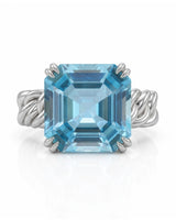 Cordelle Asscher-cut Aquamarine sculptural rope-band solitaire ring setting in Platinum, profile view | SARATTI