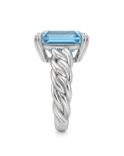 Cordelle Asscher-cut Aquamarine sculptural rope-band solitaire ring setting in Platinum, side view | SARATTI