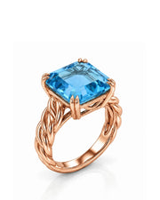 Cordelle Asscher-cut Aquamarine sculptural rope-band solitaire ring setting in Rose Gold, 45-degree view | SARATTI