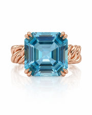 Cordelle Asscher-cut Aquamarine sculptural rope-band solitaire ring setting in Rose Gold, top view | SARATTI