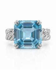 Cordelle Asscher-cut Aquamarine sculptural rope-band solitaire ring setting in White Gold, front view | SARATTI