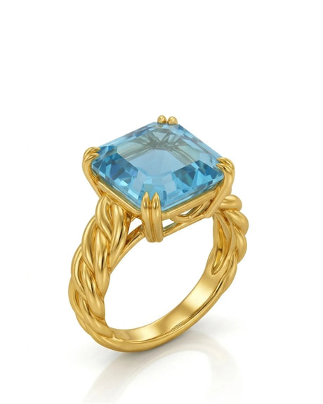 Cordelle Asscher-cut Aquamarine sculptural rope-band solitaire ring setting in Yellow Gold, 45-degree view | SARATTI