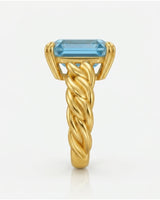 Cordelle Asscher-cut Aquamarine sculptural rope-band solitaire ring setting in Yellow Gold, side view | SARATTI