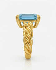 Cordelle Asscher-cut Aquamarine sculptural rope-band solitaire ring setting in Yellow Gold, side view | SARATTI