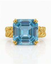 Cordelle Asscher-cut Aquamarine sculptural rope-band solitaire ring setting in Yellow Gold, top view | SARATTI