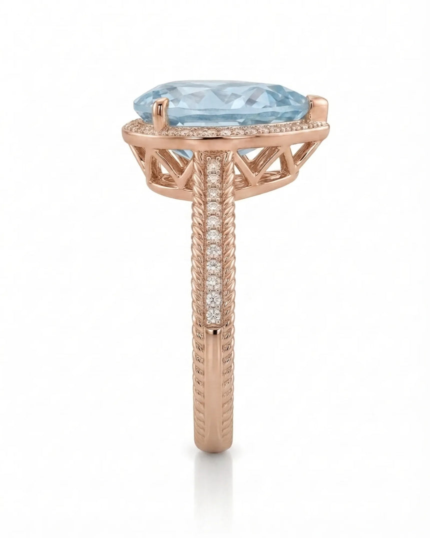 Cordelle Halo Pear Cut Aquamarine Diamond Rope Band Ring Setting in Rose Gold, front view | SARATTI