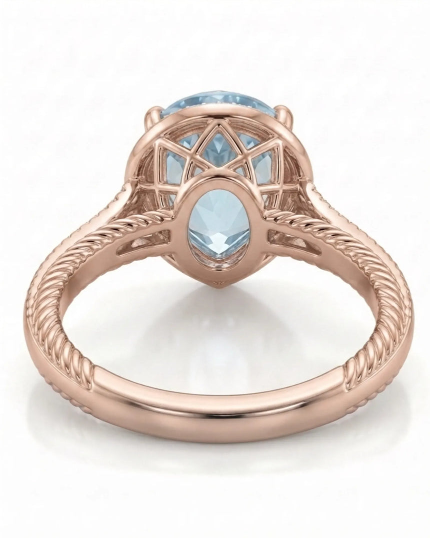 Cordelle Halo Pear Cut Aquamarine Diamond Rope Band Ring Setting in Rose Gold, rear gallery view | SARATTI