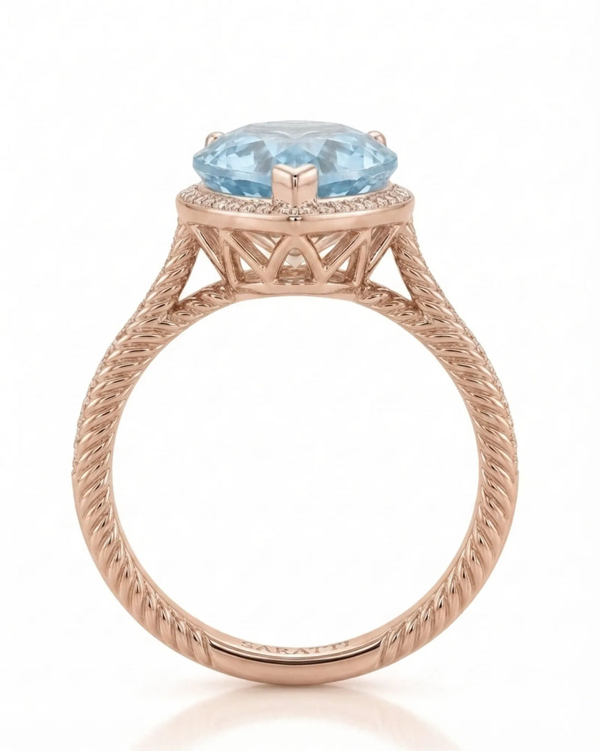 Cordelle Halo Pear Cut Aquamarine Diamond Rope Band Ring Setting in Rose Gold, rope band detail | SARATTI