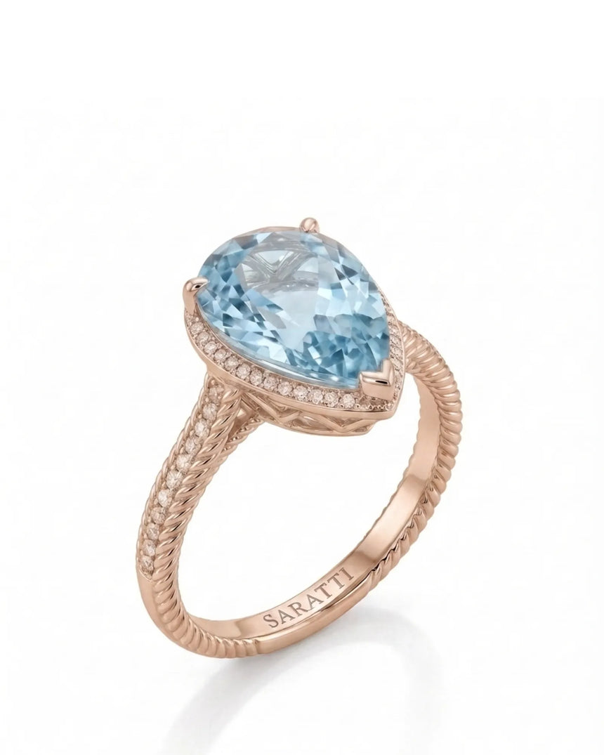 Cordelle Halo Pear Cut Aquamarine Diamond Rope Band Ring Setting in Rose Gold, three-quarter view | SARATTI