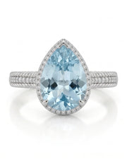 Cordelle Halo Pear Cut Aquamarine Diamond Rope Band Ring Setting in White Gold, front view | SARATTI
