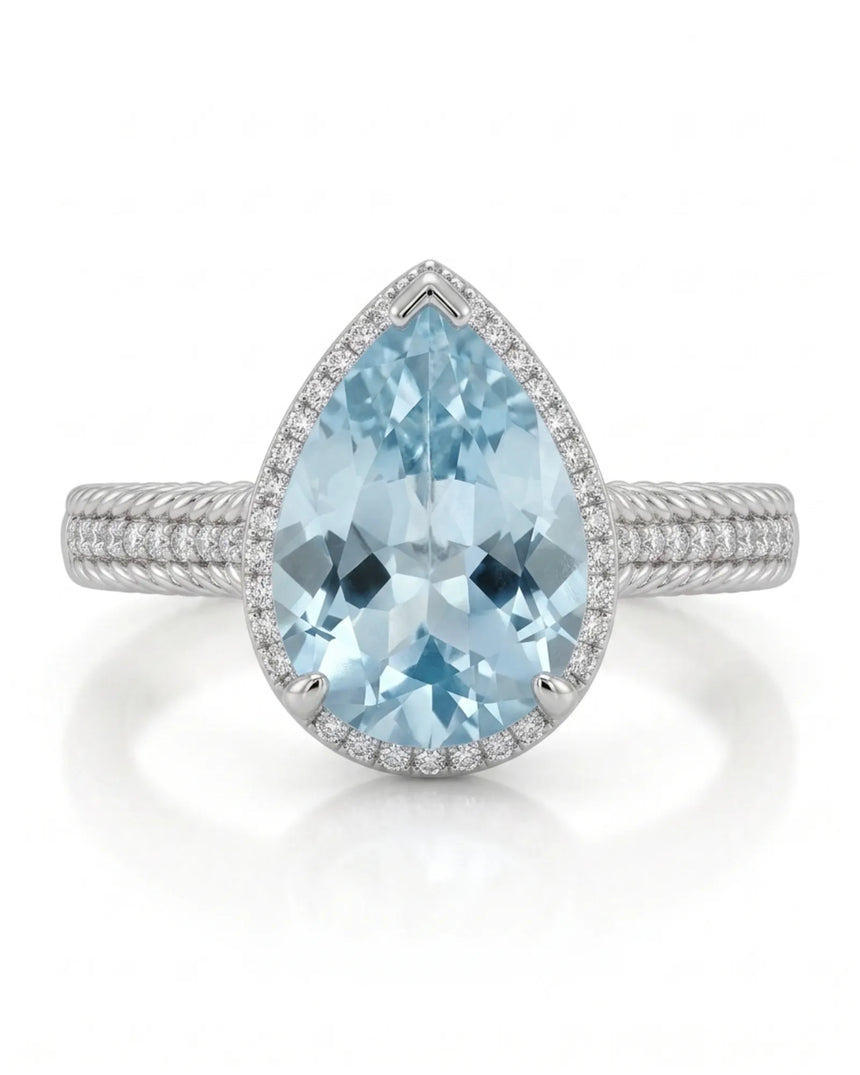Cordelle Halo Pear Cut Aquamarine Diamond Rope Band Ring Setting in White Gold, front view | SARATTI