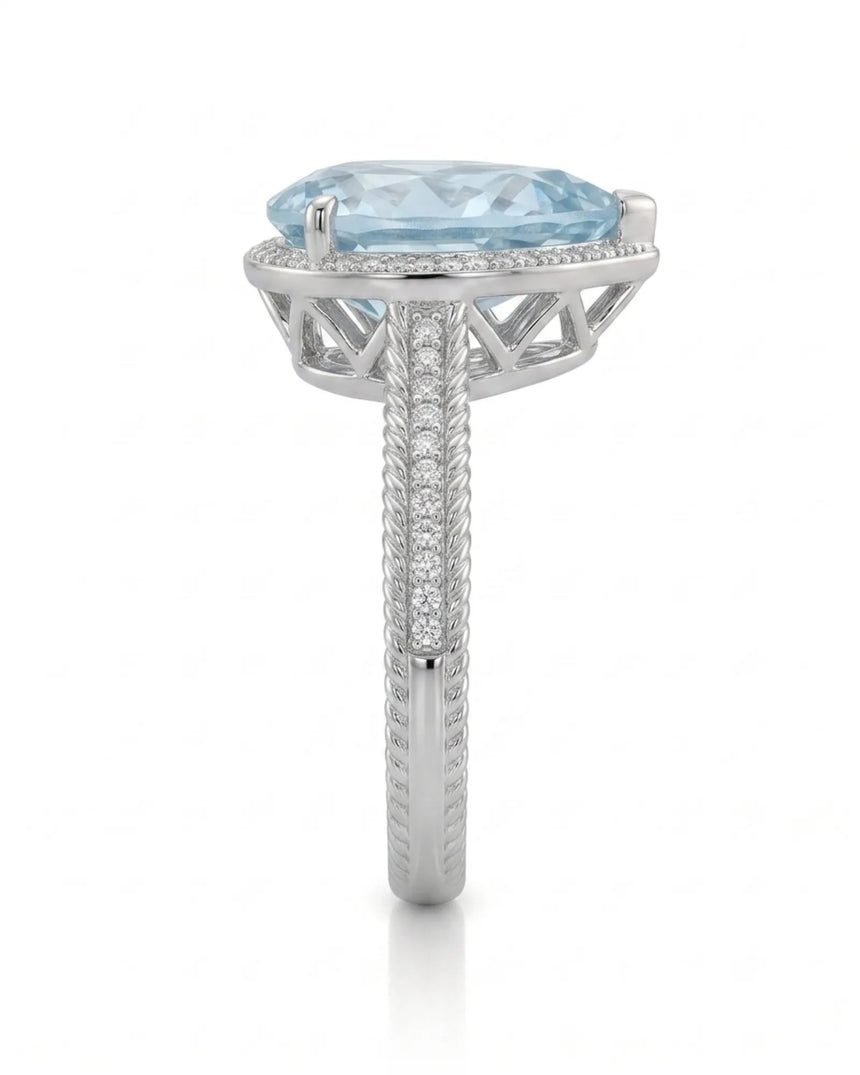 Cordelle Halo Pear Cut Aquamarine Diamond Rope Band Ring Setting in White Gold, rear gallery view | SARATTI