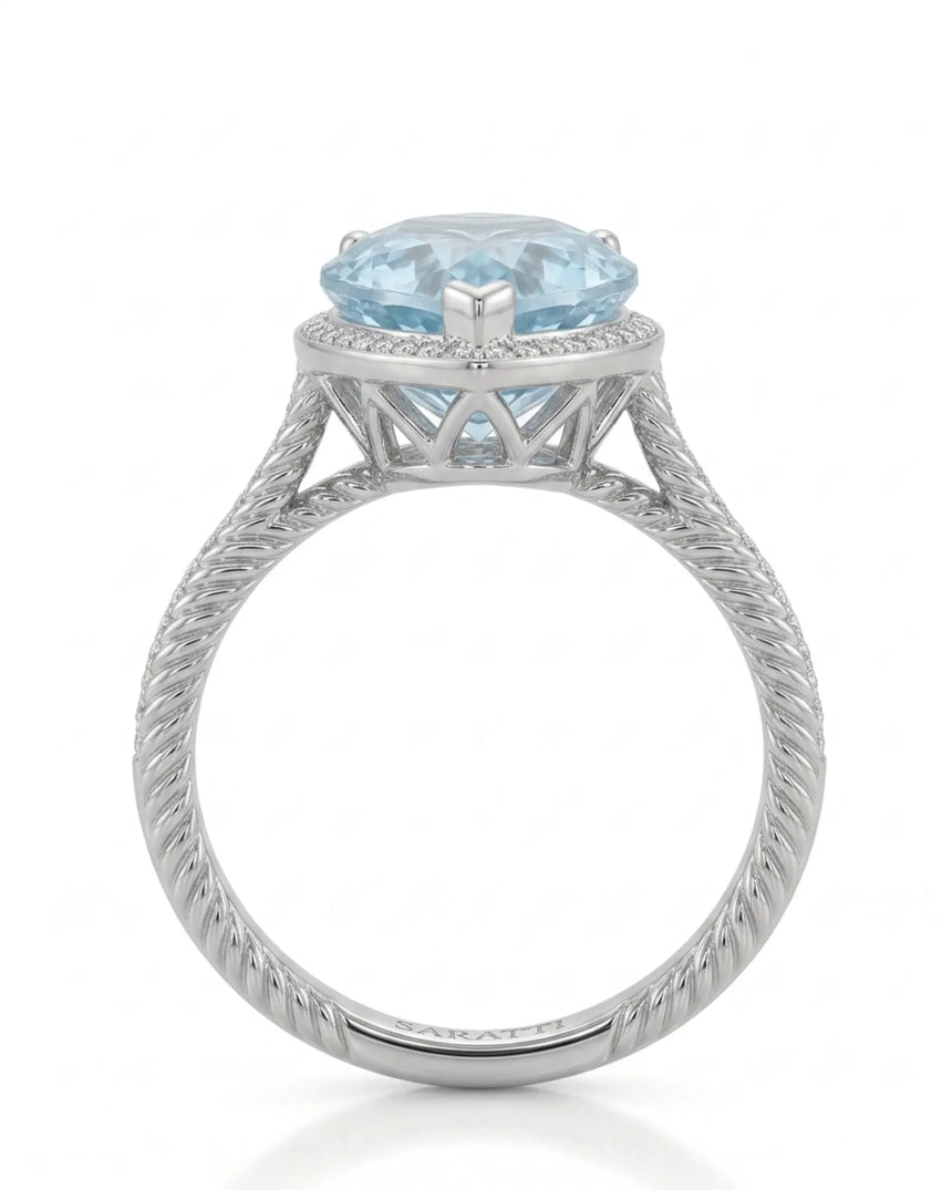 Cordelle Halo Pear Cut Aquamarine Diamond Rope Band Ring Setting in White Gold, rope band detail | SARATTI