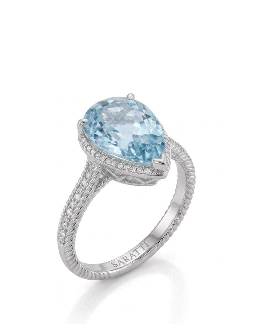 Cordelle Halo Pear Cut Aquamarine Diamond Rope Band Ring Setting in White Gold, three-quarter view | SARATTI