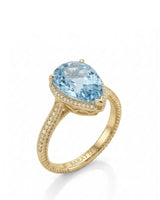 Cordelle Halo Pear Cut Aquamarine Diamond Rope Band Ring Setting in Yellow Gold, three-quarter view | SARATTI