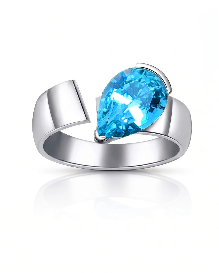 Courant pear-cut Aquamarine sculptural open-band solitaire ring setting in Platinum, profile view | SARATTI