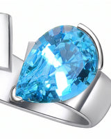 Courant pear-cut Aquamarine sculptural open-band solitaire ring setting in Platinum, side view | SARATTI