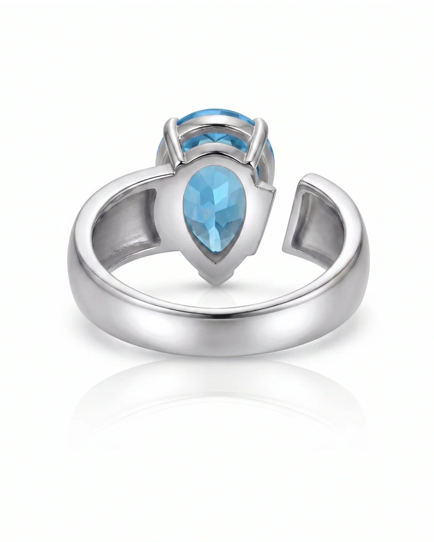Courant pear-cut Aquamarine sculptural open-band solitaire ring setting in Platinum, top view | SARATTI