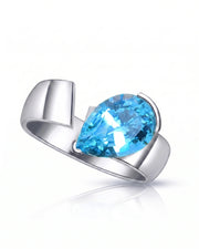 Courant pear-cut Aquamarine sculptural open-band solitaire ring setting in White Gold, 45-degree view | SARATTI
