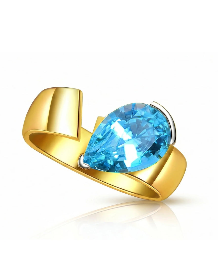Courant pear-cut Aquamarine sculptural open-band solitaire ring setting in Yellow Gold, 45-degree view | SARATTI