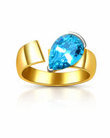 Courant pear-cut Aquamarine sculptural open-band solitaire ring setting in Yellow Gold, profile view | SARATTI
