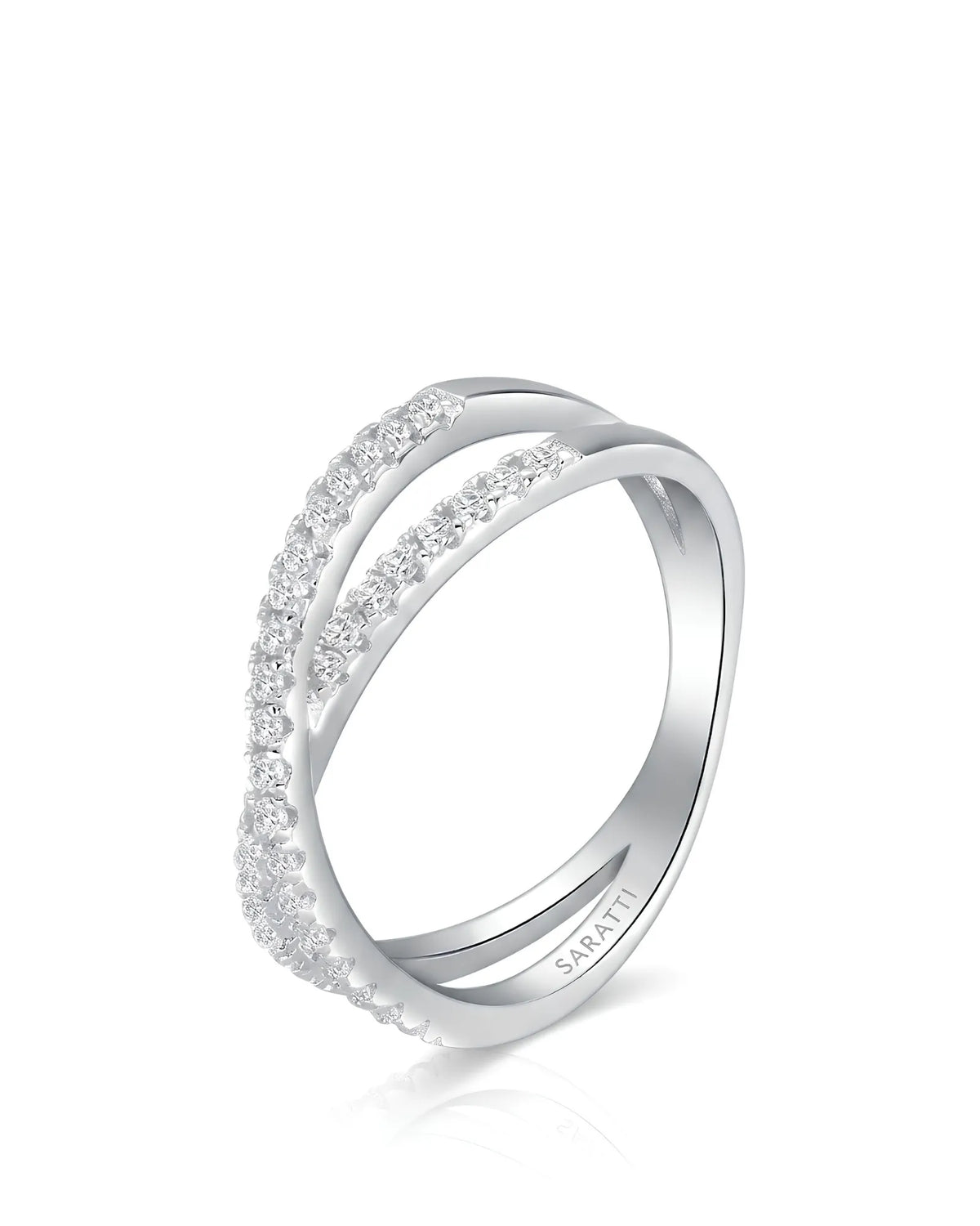 Criss cross diamond wedding band in platinum with a polished crossover line and round brilliant diamonds | SARATTI