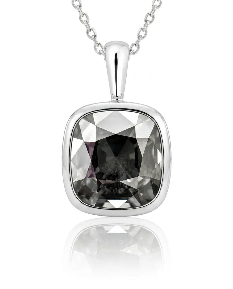 Cushion Cut Gray Spinel bezel-set pendant setting in white metal, front view | SARATTI