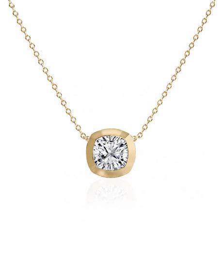 SOLARA Bezel-Set Cushion Cut solitaire necklace setting in yellow gold, front view | SARATTI