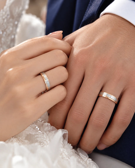 Destiny Match Wedding Band Set in 18K Rose & White Gold on Couple | SARATTI
