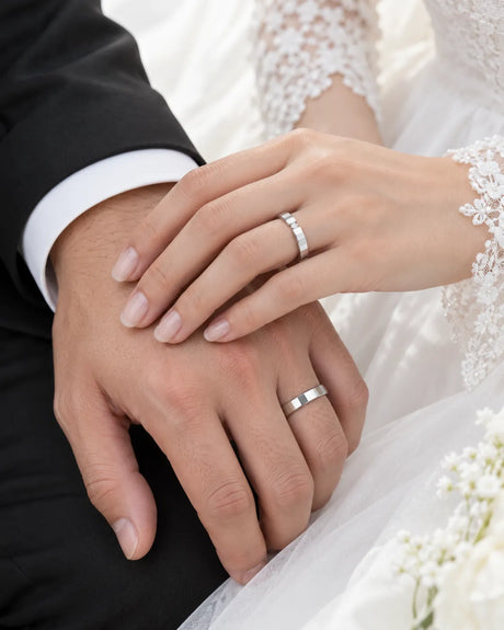 Diamond Nexus natural diamond wedding rings in 18K White Gold, couple worn view | SARATTI