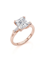 Diane 1 carat F-colour princess natural diamond three-stone ring in 18K rose gold, 45-degree hero view | SARATTI