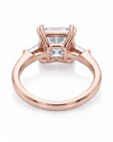Diane 1 carat F-colour princess natural diamond three-stone ring in 18K rose gold, underside view of three-stone setting | SARATTI