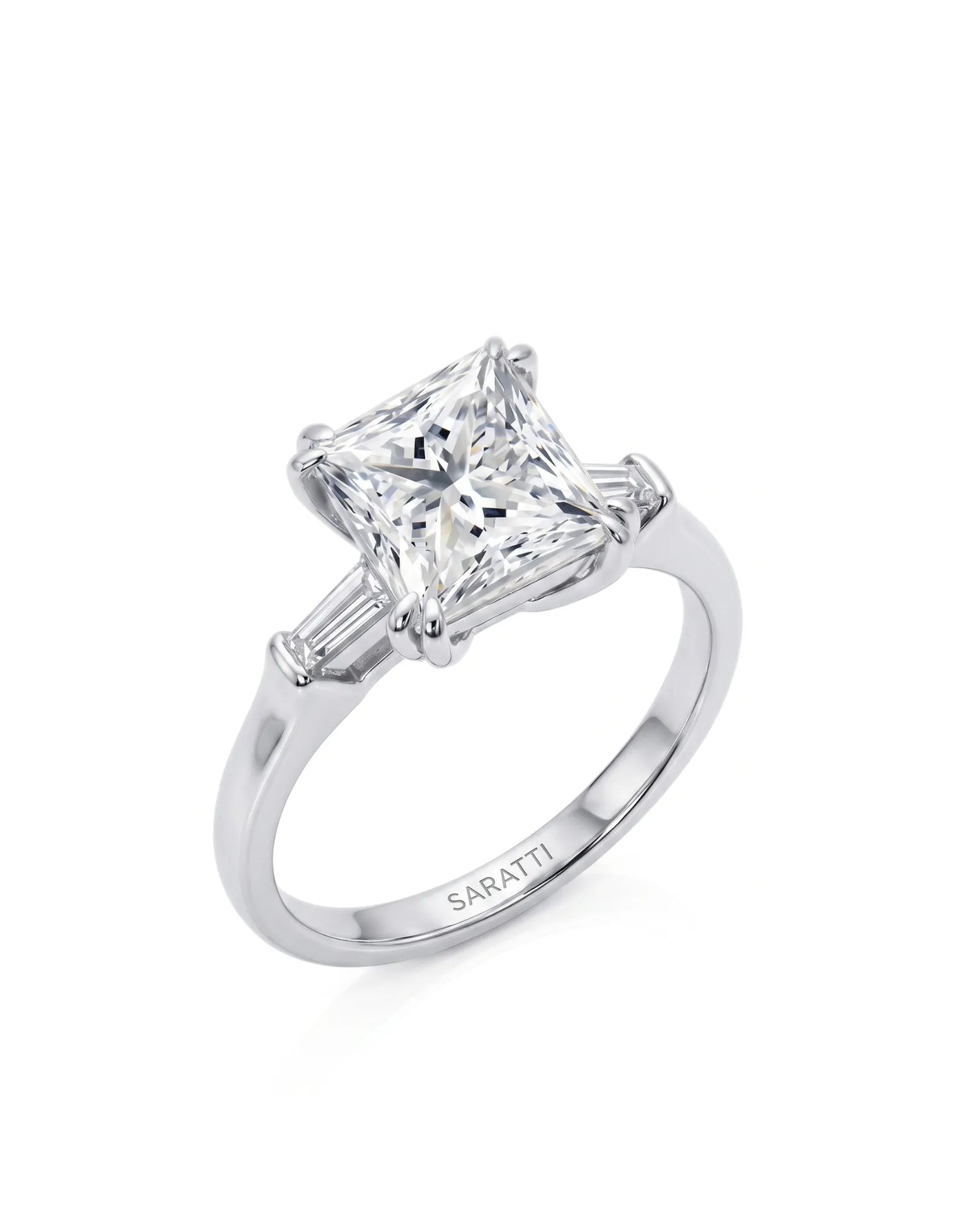 Diane 1 carat F-colour princess natural diamond three-stone ring in platinum, 45-degree hero view | SARATTI
