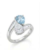 Élan Céleste pear-cut Aquamarine and pear diamond bypass ring setting in Platinum, 45-degree view | SARATTI