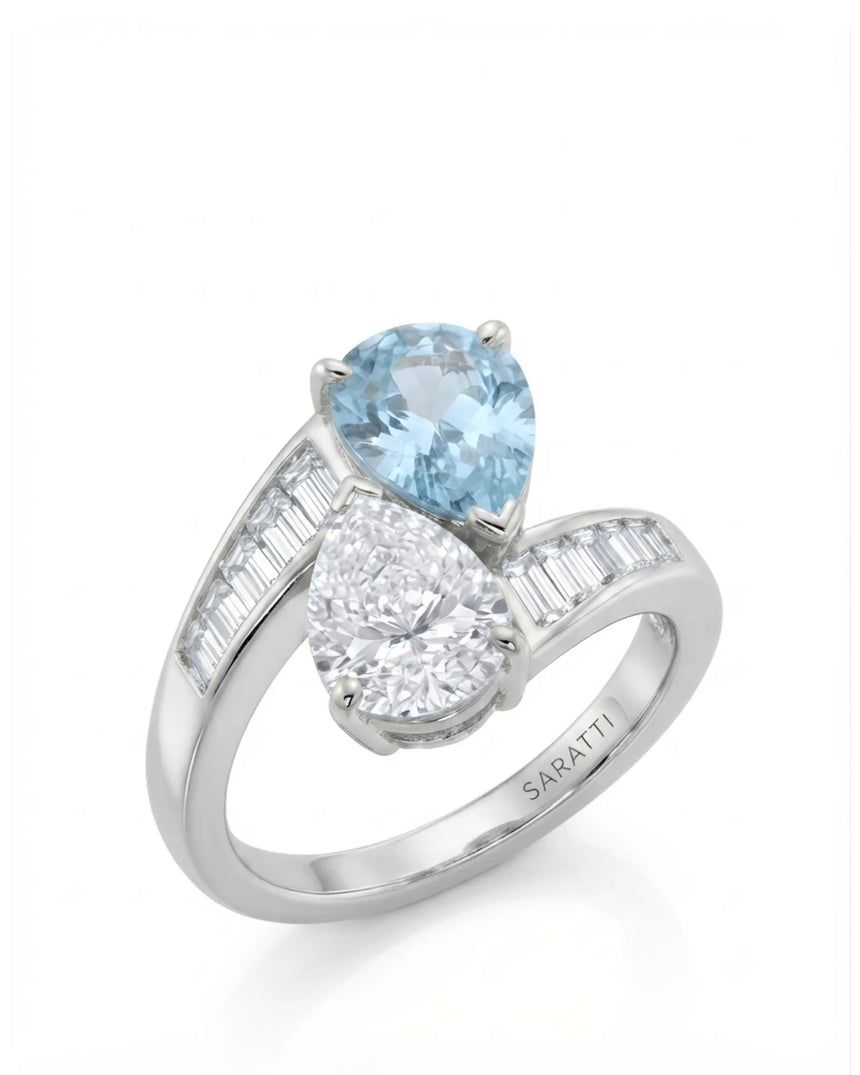 Élan Céleste pear-cut Aquamarine and pear diamond bypass ring setting in Platinum, 45-degree view | SARATTI